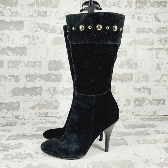 Guess Black Leather Side Zip Suede Heels Mid-Calf Boots F914 - Picture 1 of 14